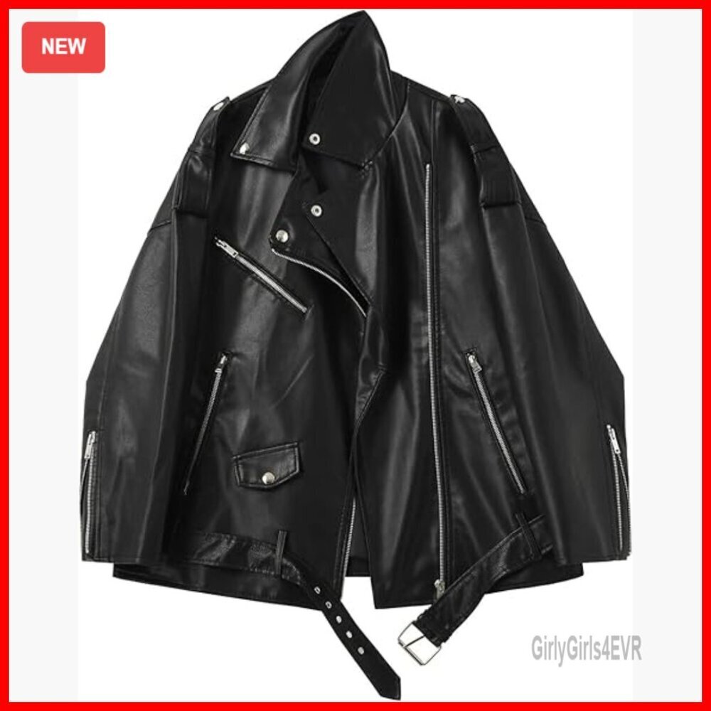 Faux Leather Motorcycle Jacket Lapel Collar Zipper Long Sleeve Coat